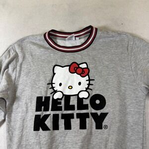 Sanrio Hello Kitty Ringer Sweatshirt Gray Graphic Pullover Medium Striped Trim‎